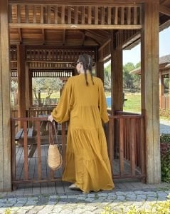 Viskon düz katleya elbise hardal