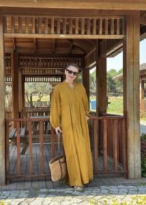 Viskon düz katleya elbise hardal