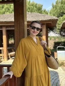 Viskon düz katleya elbise hardal