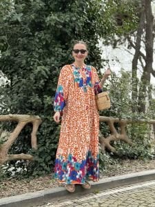 Turuncu Etek Ucu çiçek Katleya elbise