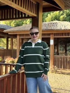 Çizgili bebe yaka kazak yeşil