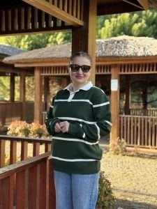 Çizgili bebe yaka kazak yeşil