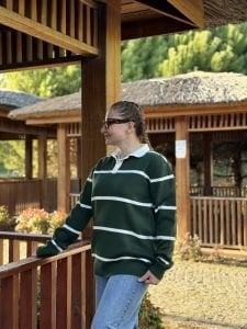 Çizgili bebe yaka kazak yeşil