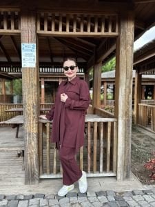 Biyeli tam fermuarlı Takım Bordo