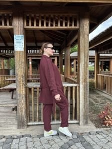 Biyeli tam fermuarlı Takım Bordo