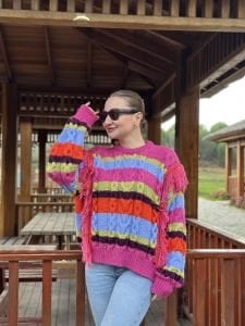 Orjinal marka çok renkli püskül kazak