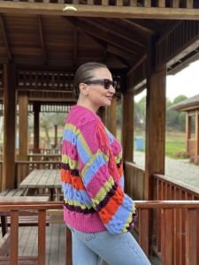 Orjinal marka çok renkli püskül kazak