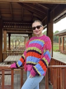 Orjinal marka çok renkli püskül kazak