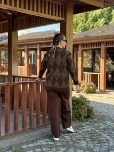 Baklava triko takım kahve