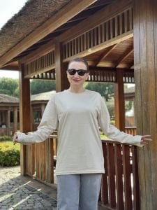Krem uzun kol basic tişört