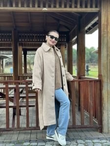Belden bağlamalı düğmeli Kaşe Kaban Vizon