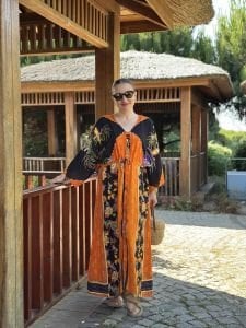 Viskon Tablo tasarım oversize elbise turuncu