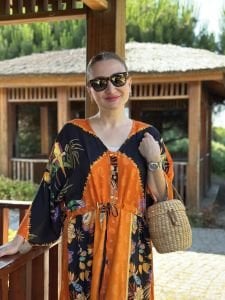 Viskon Tablo tasarım oversize elbise turuncu
