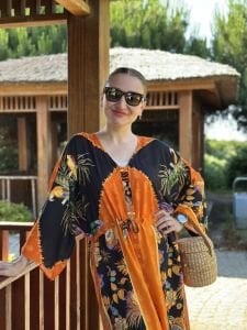 Viskon Tablo tasarım oversize elbise turuncu