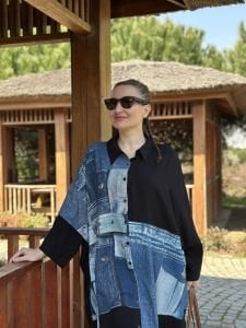 2086 Baskı desenli viskon elbise mavi