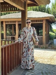 Şal desen viskon katleya elbise kiremit