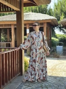 Şal desen viskon katleya elbise kiremit