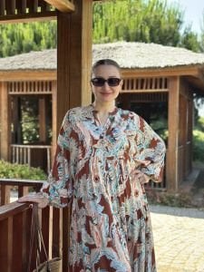 Şal desen viskon katleya elbise kiremit