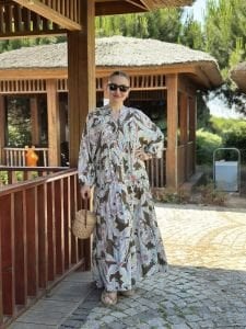 Şal desen viskon katleya elbise haki