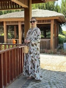Şal desen viskon katleya elbise haki