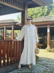 Kemerli tasarım keten elbise (kolları lastikli gelicek)