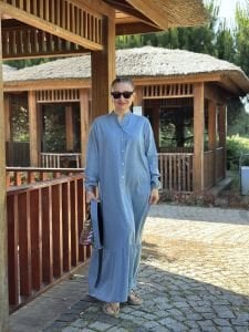 Tensel kot kemerli düğmeli elbise A.Mavi
