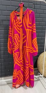 Fuşya-turuncu çizgi desenli KEMERLİ elbise