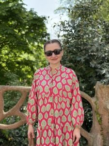 Fuşya-Yeşil Yaprak  Pamuk Keten Elbise