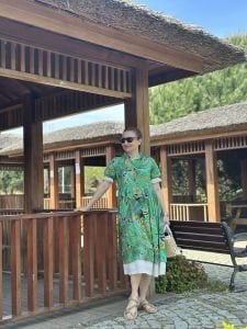 yeşil hawai pamuk keten fistolu elbise