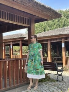 yeşil hawai pamuk keten fistolu elbise