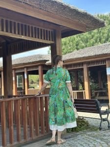 yeşil hawai pamuk keten fistolu elbise