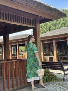 yeşil hawai pamuk keten fistolu elbise