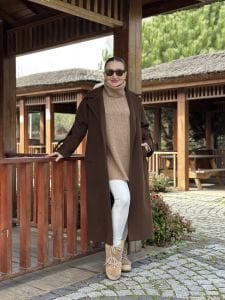 Çikolata kahve kolu düğmeli kaban