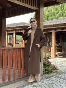 Çikolata kahve kolu düğmeli kaban