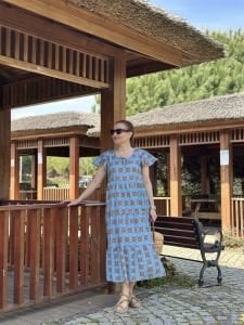 Mavi çıtır desen pamuk elbise