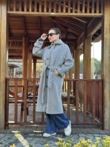 Belden bağlamalı düğmeli Kaşe Kaban gri