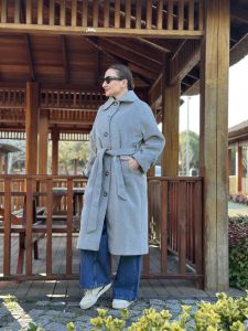 Belden bağlamalı düğmeli Kaşe Kaban gri