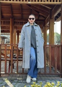 Belden bağlamalı düğmeli Kaşe Kaban gri