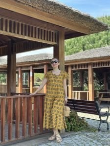 Hardal çıtır desen pamuk elbise