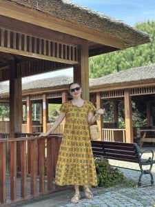 Hardal çıtır desen pamuk elbise