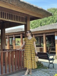 Hardal çıtır desen pamuk elbise