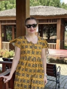Hardal çıtır desen pamuk elbise