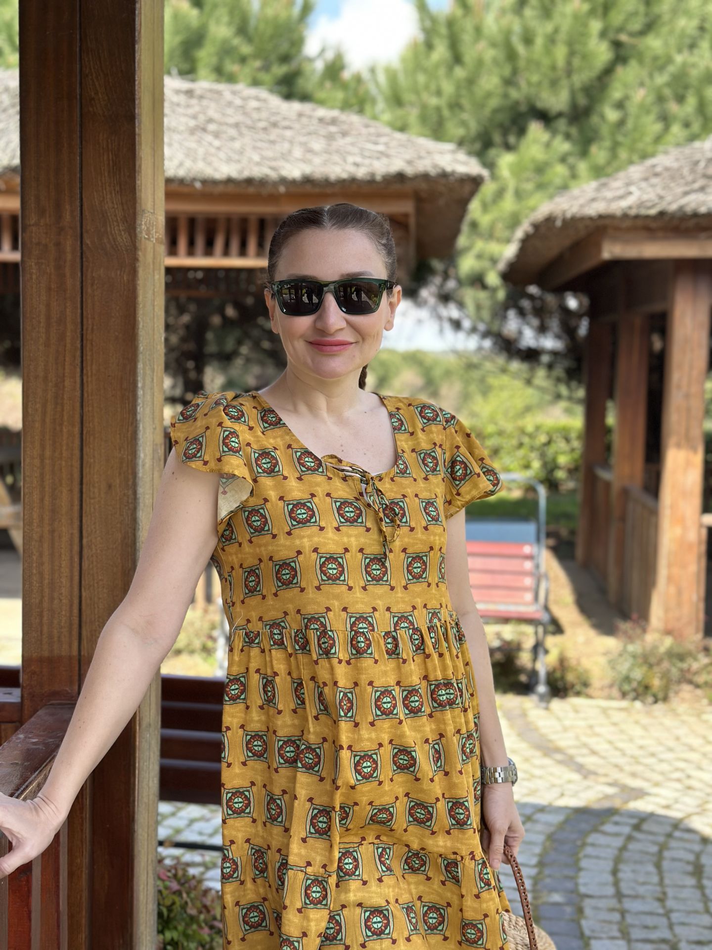Hardal çıtır desen pamuk elbise