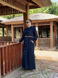 Lacivert Likralı kemerli Tamboy kot elbise