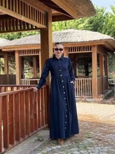 Lacivert Likralı kemerli Tamboy kot elbise