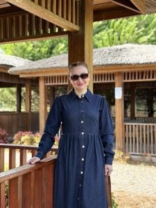 Lacivert Likralı kemerli Tamboy kot elbise