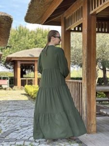 Viskon düz katleya elbise haki