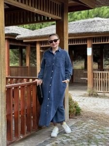 Tam düğmeli kot elbise mavi