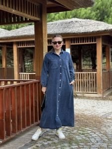 Tam düğmeli kot elbise mavi