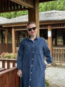 Tam düğmeli kot elbise mavi